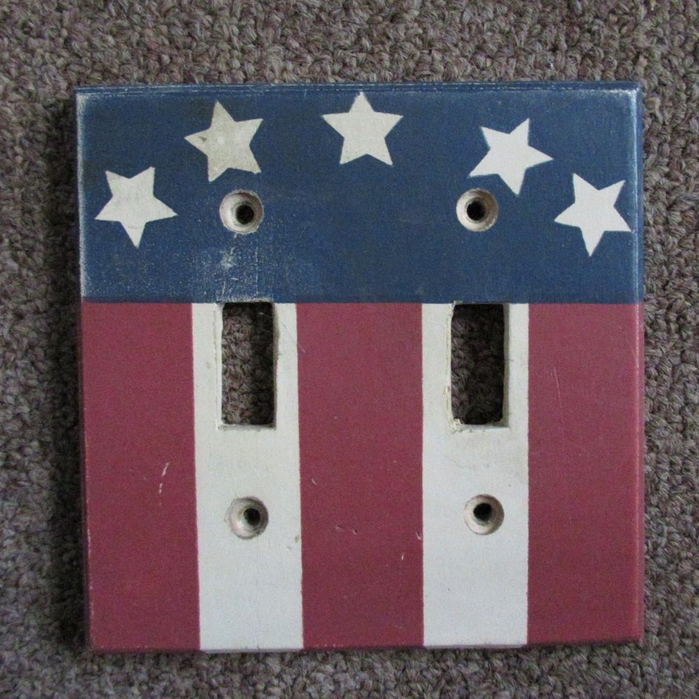 Americana Flag wood red white blue double light switch plate cover